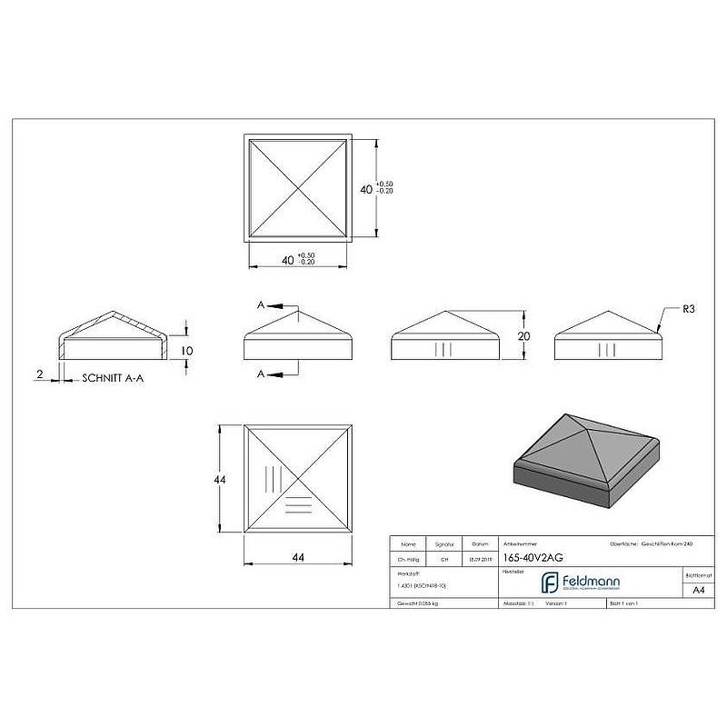 Pyramidenkappe, für Rohr 40x40mm, V2A