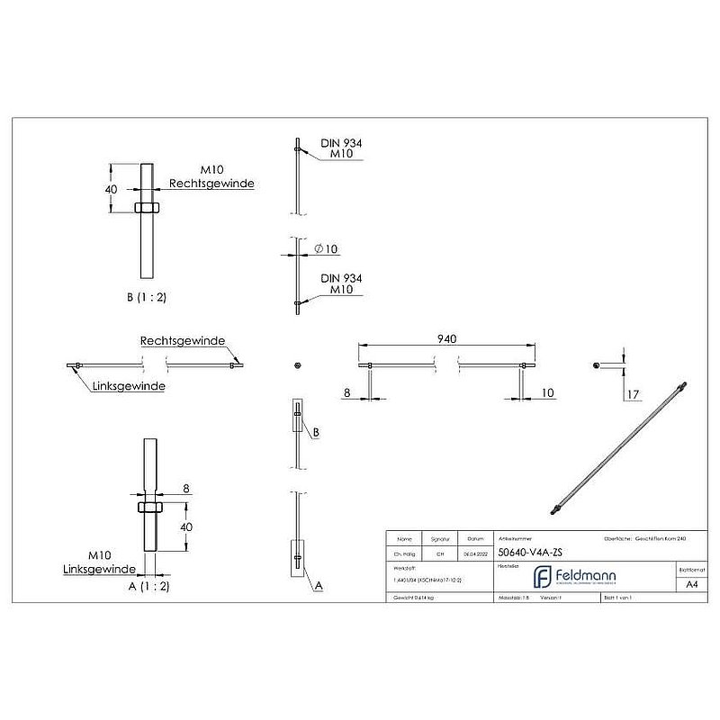 Zugstange zu Vordachsystem mit L: 940mm, V4A