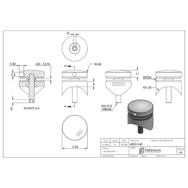 Point de fixation 40mm, jonction: 42,4mm, V2A