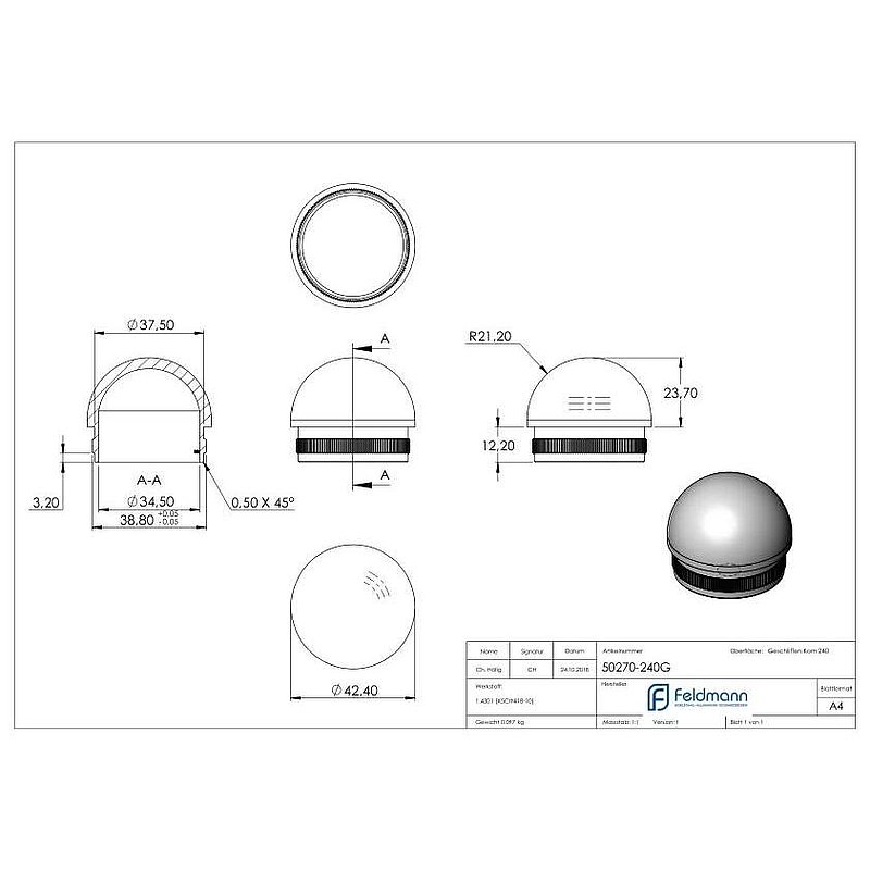 Rohrabschlussstopfen, für Rohr 42,4x2,0mm, V2A