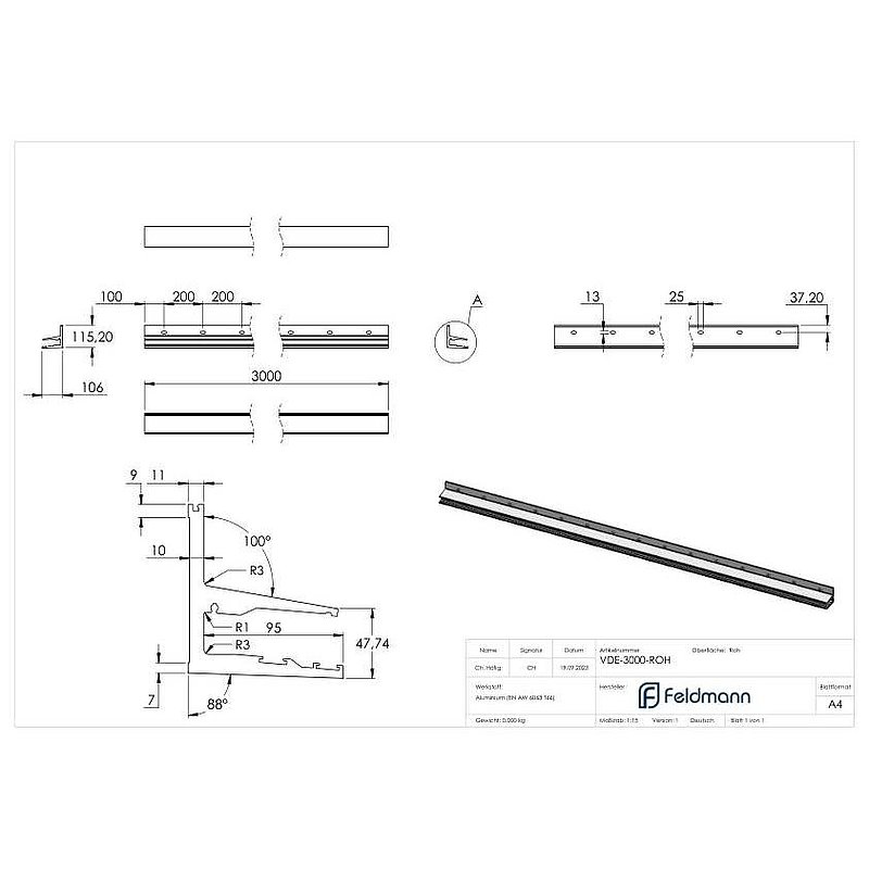 Vordachprofil eleganza canopy, L: 3000mm, roh