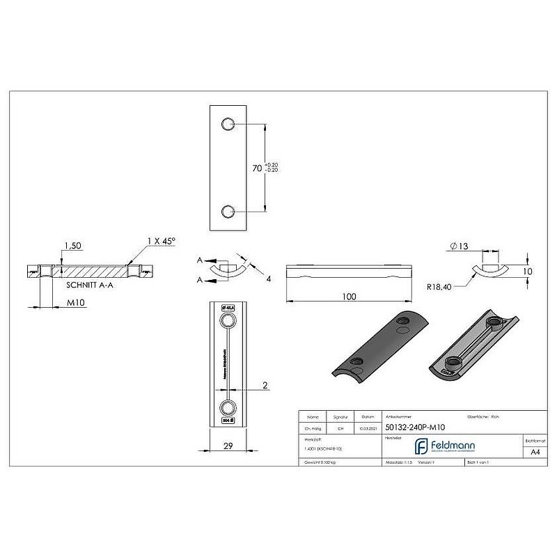 Verstärkungsplatte f Wandbefestigung 50132-240-M10, V2A