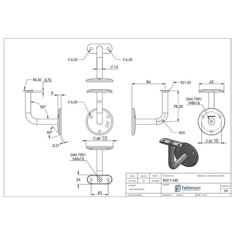 Support mural avec plaque de fixation pour main-courante de Ø 42,4mm, embase et étrier vissé, V2A