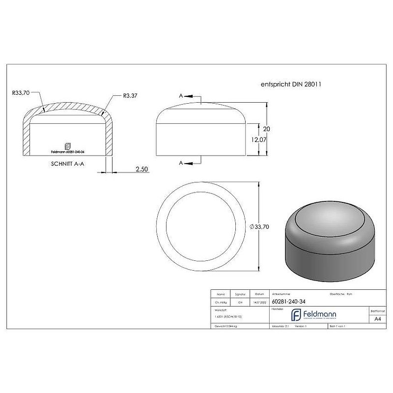Klöpperboden 33,7x2,0mm, DIN 28011, V2A