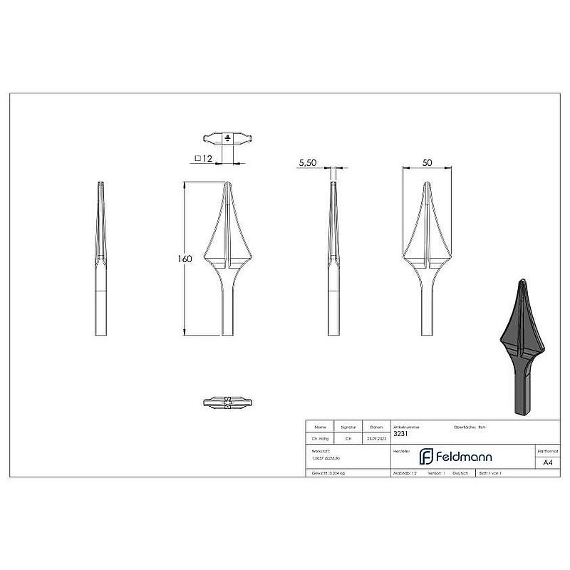 Fence tip, base 12x12mm, 160x50mm