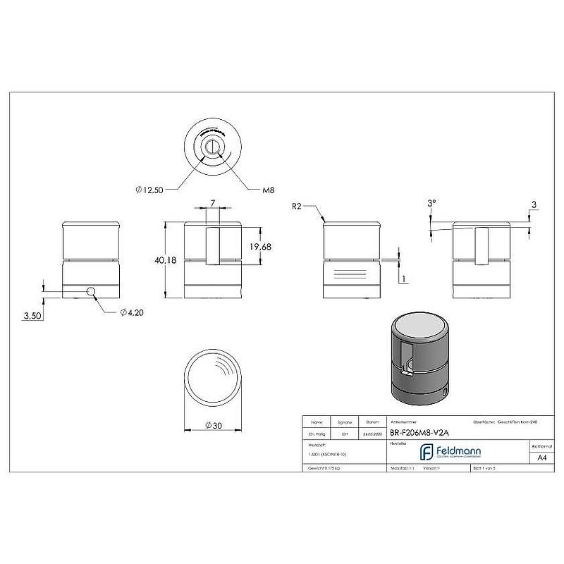 Brenk base holder for flat bars 20x6mm, AISI304