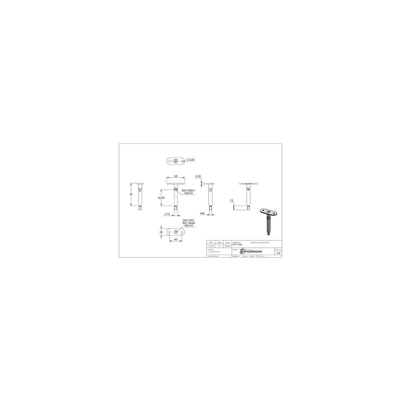 Tige articulée Ø 12mm avec plaque de raccordement de mains courantes, plat,  V2A