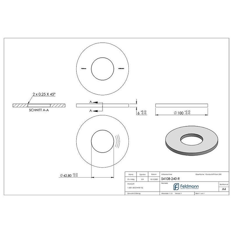 Ankerplatte Ø 100x6mm, mit Rundschliff, V2A