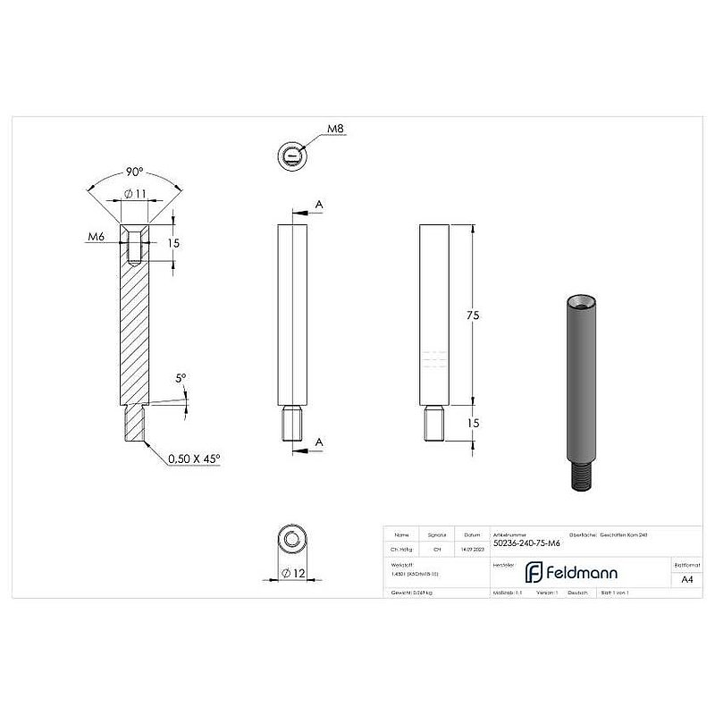 Stift Ø 12mm, L: 75mm, V2A