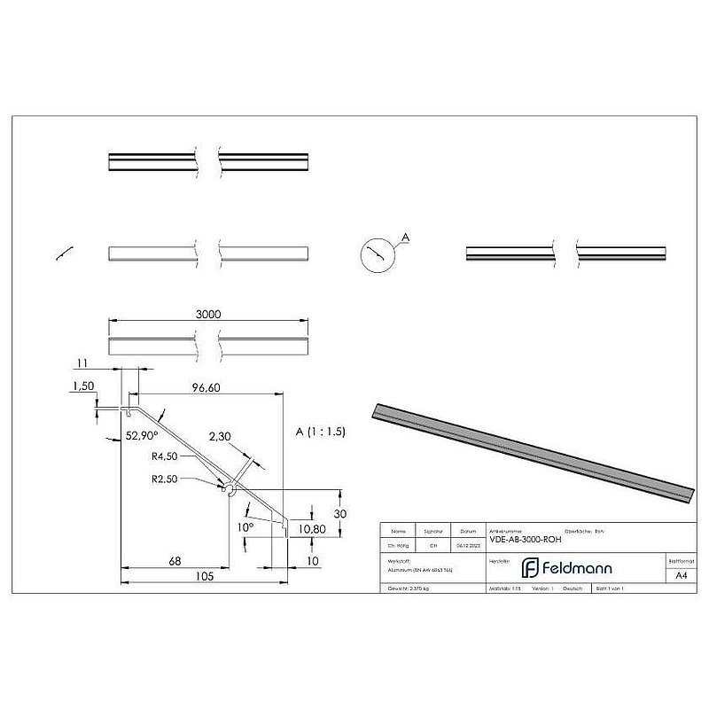Design-Abdeckung für eleganza canopy, L: 3000mm, Aluminium roh