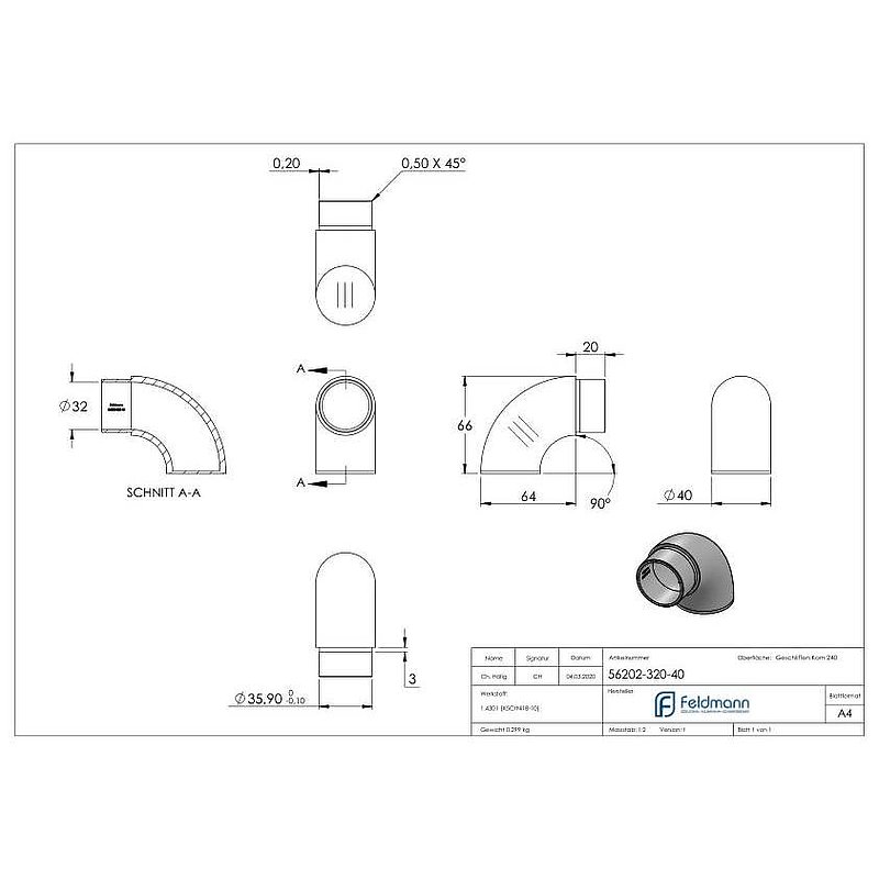 End bend 90° flat, for tube 40.0x2.0mm, AISI304