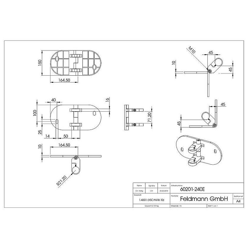 Wandbefestigung für Geländerpfosten 42,4mm, Ecke, V2A