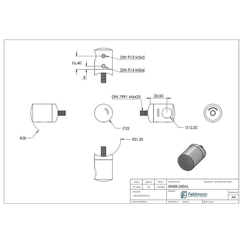 Cross bar holder for 42.4 mm tube, blind hole left 12.2 mm, AISI304