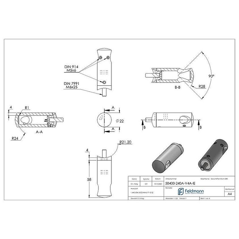 Querstabhalter für 42,4mm Rohr, 12,2mm Bohrung, Innenecke, V4A