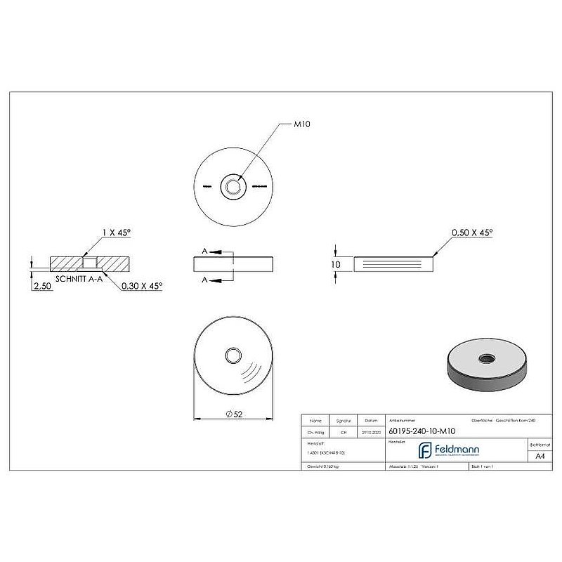 Unterteil für 52mm Glaspunkthalter, t: 10mm, mit M10, V2A