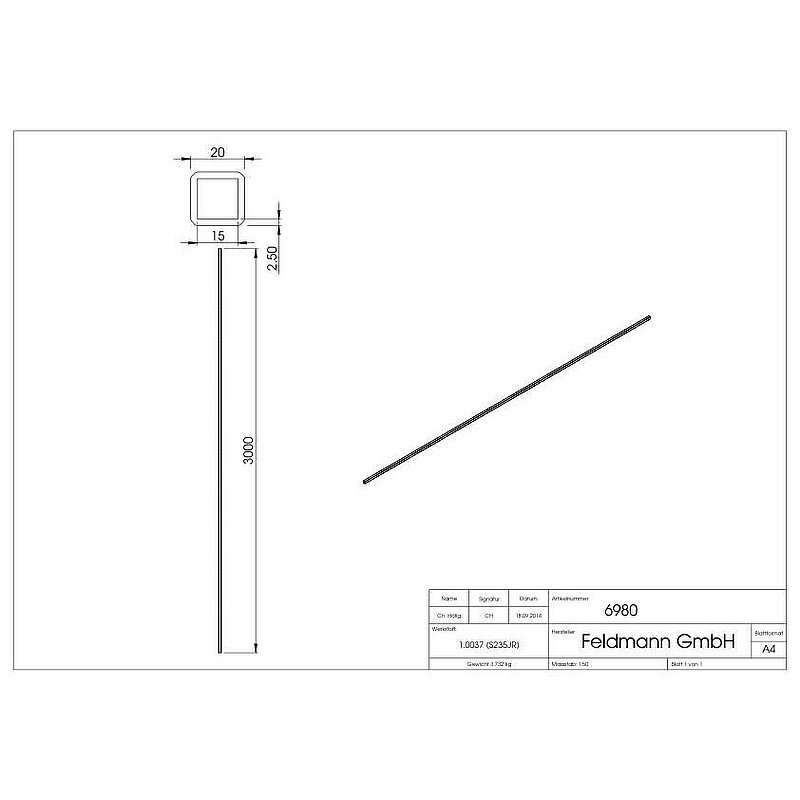 Quadratrohr 20x20x2,0mm, L: 3000mm, gehämmert