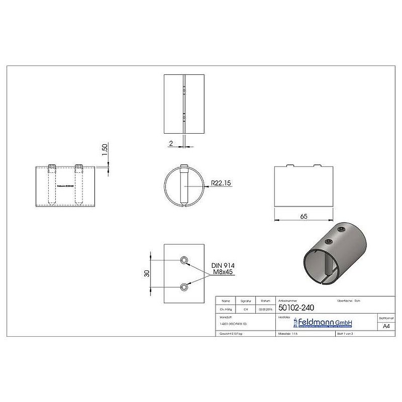 Connecting sleeve for tube 48.3x2.0mm, AISI304