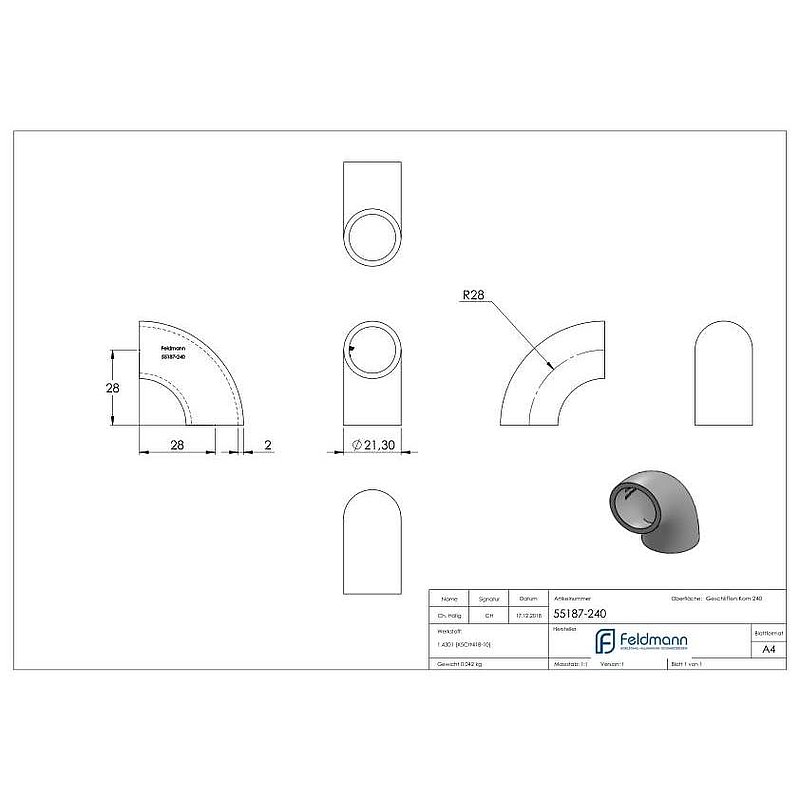 Schweißbogen 90°, 21,3x2,0mm, V2A