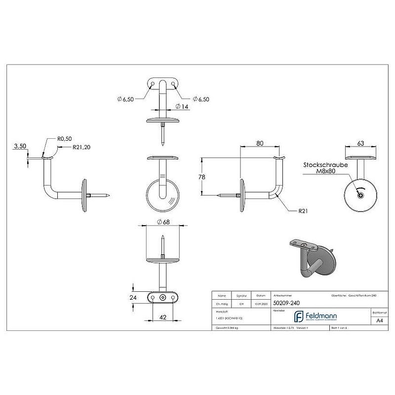 Support mural avec plaque de fixation pour main-courante de Ø 42,4mm, V2A