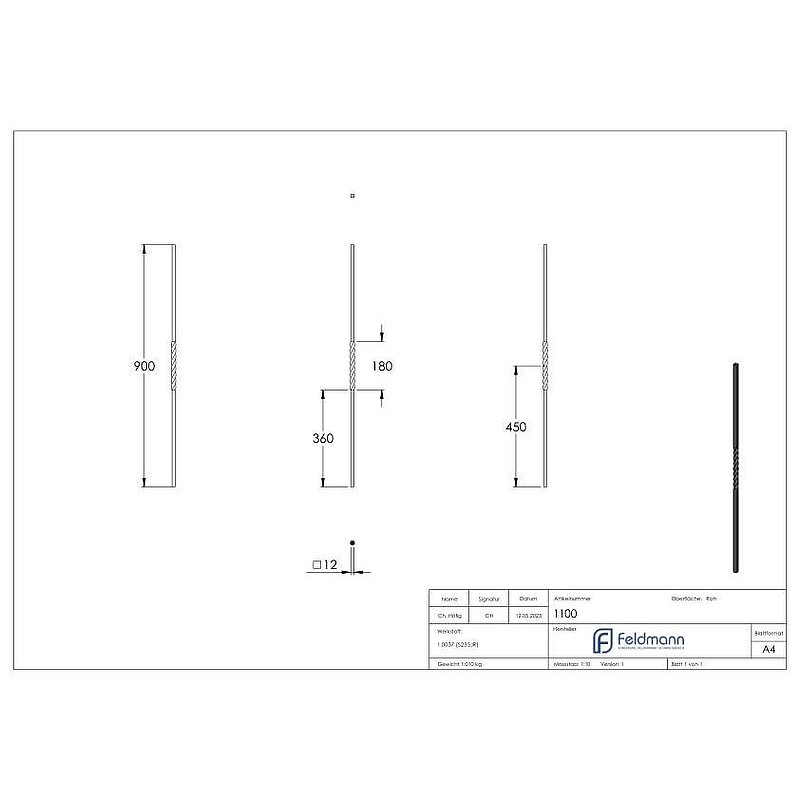 Zwischenstab 12x12mm, glatt, H: 900mm