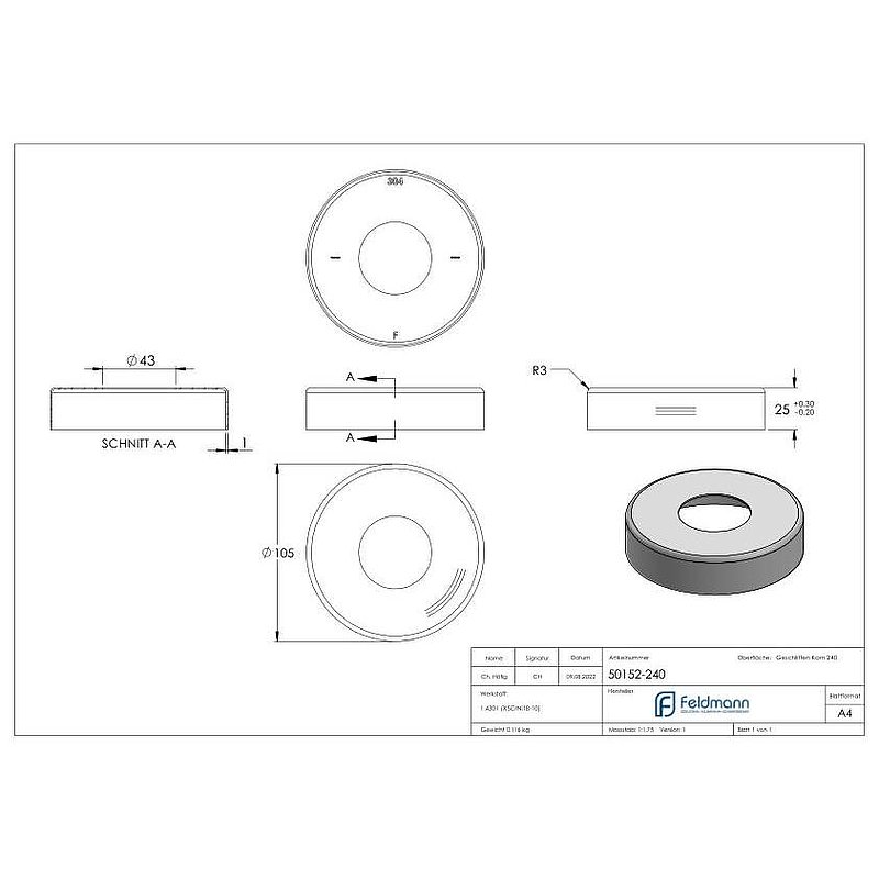 Abdeckrosette, 105x25mm, mit Bohrung 43mm, V2A