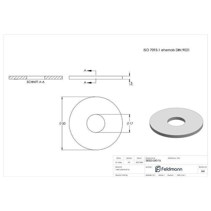 Large washer for M16 screws, ISO 7093-1, AISI304