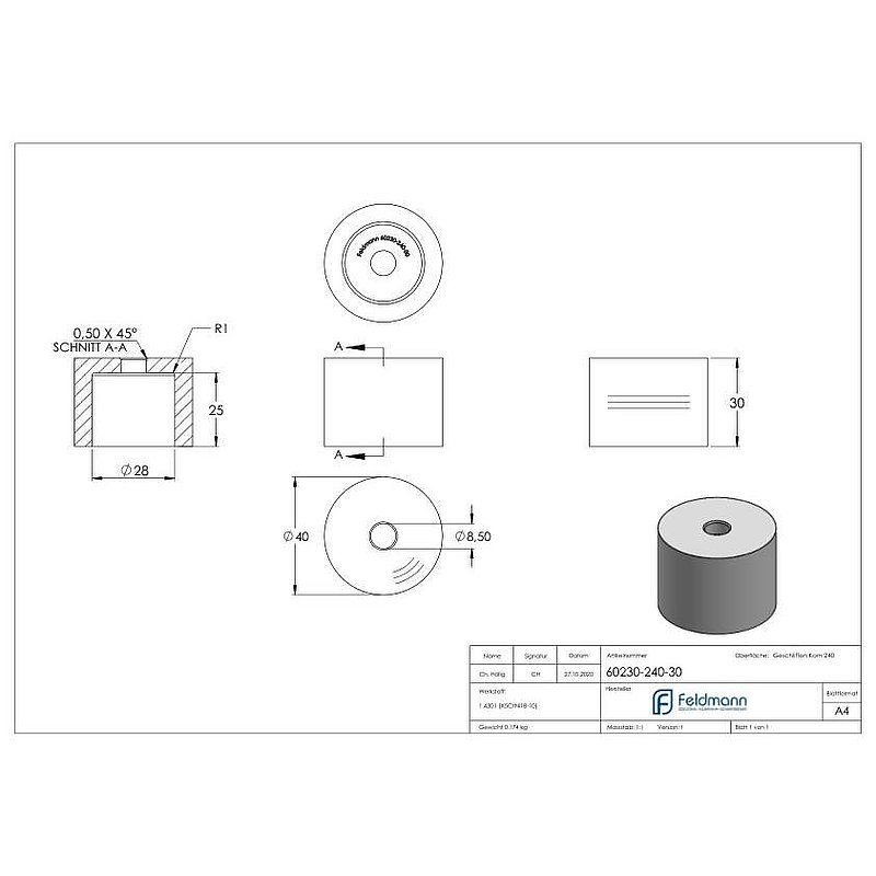 Unterteil Ø 40mm, mit Durchgangsbohrung , t: 30mm, V2A