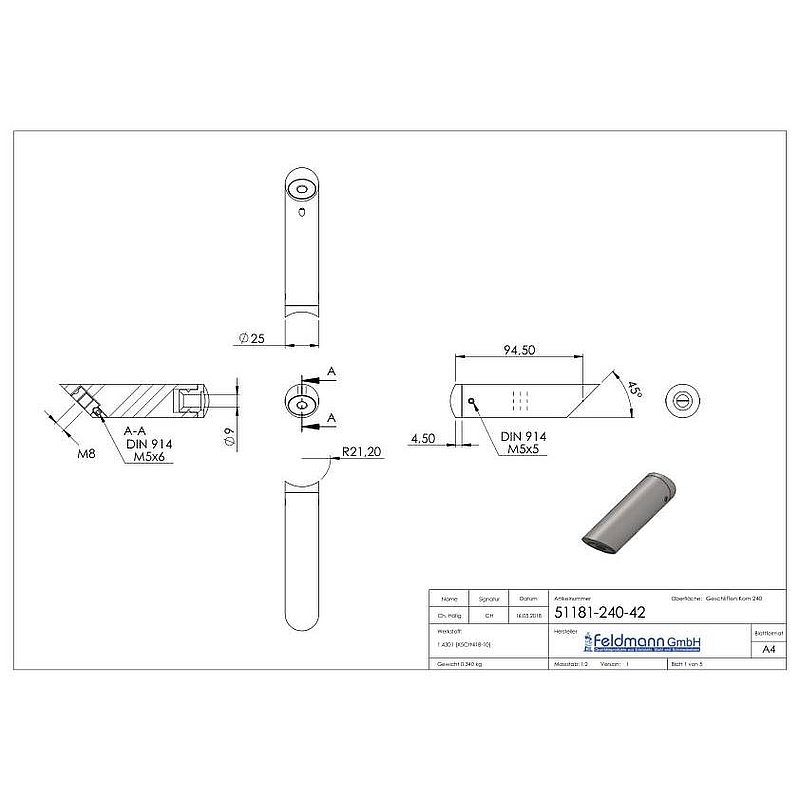 Rohrabstandshalter schräg, für Rohranschluss 42,4mm, V2A