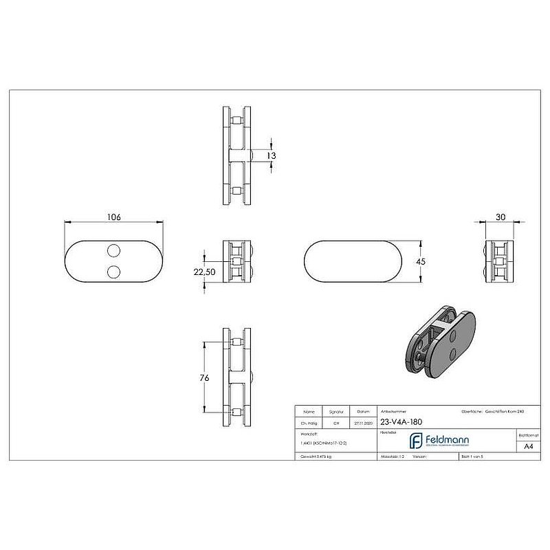 Pince à verre de liaison 180° modèle 23, V4A