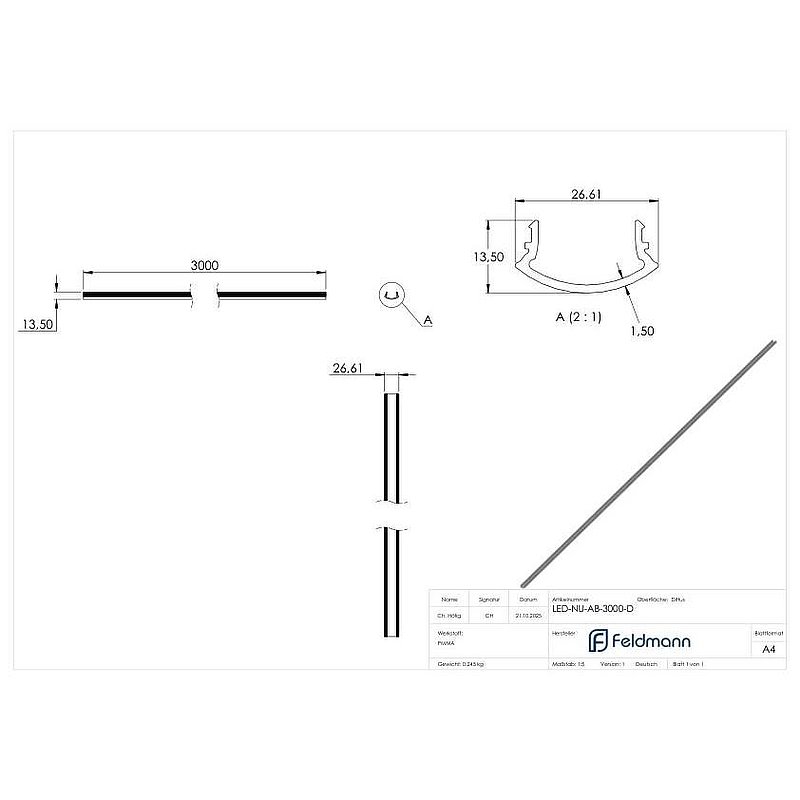 LED-Nutrohr LUNORA®, Kunststoffabdeckung diffus für Rund-Nutrohr 42,4mm, PMMA, L: 3000mm