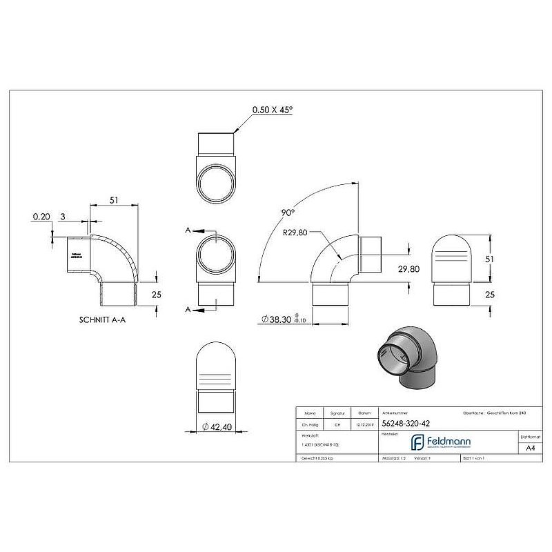 Rohrbogen 90° eng, für Rohr 42,4x2,0mm, V2A