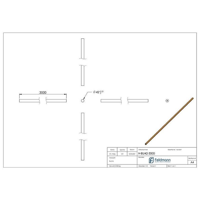 Mains courantes en bois de hêtre, Ø 42,4mm, L: 3000mm