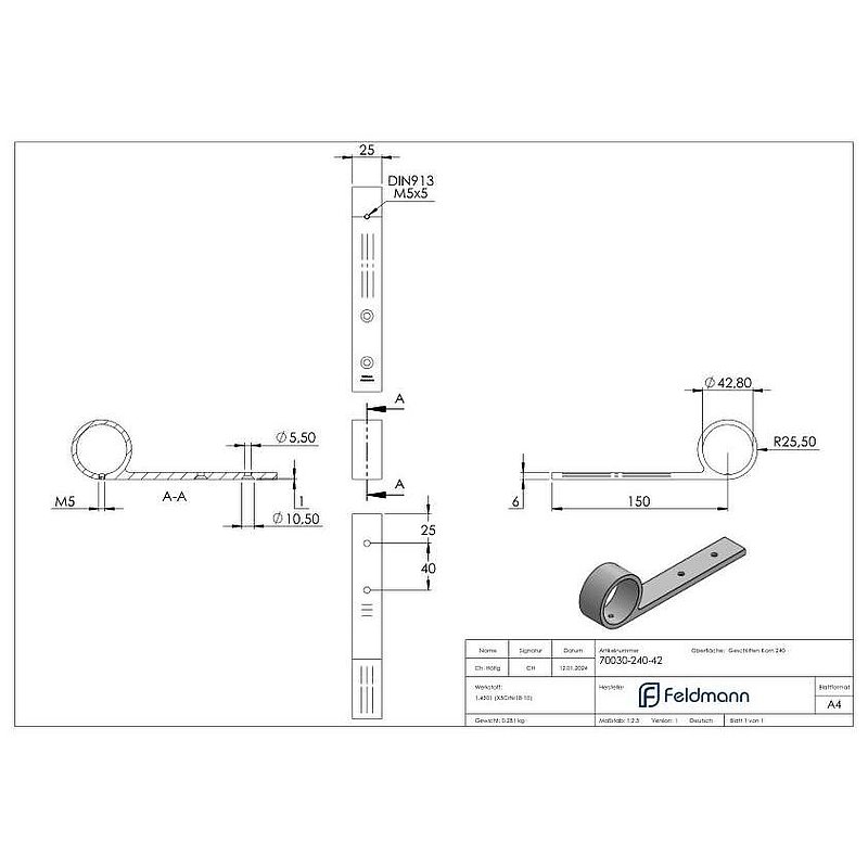 Handrail support, for tube 42.4mm, AISI304