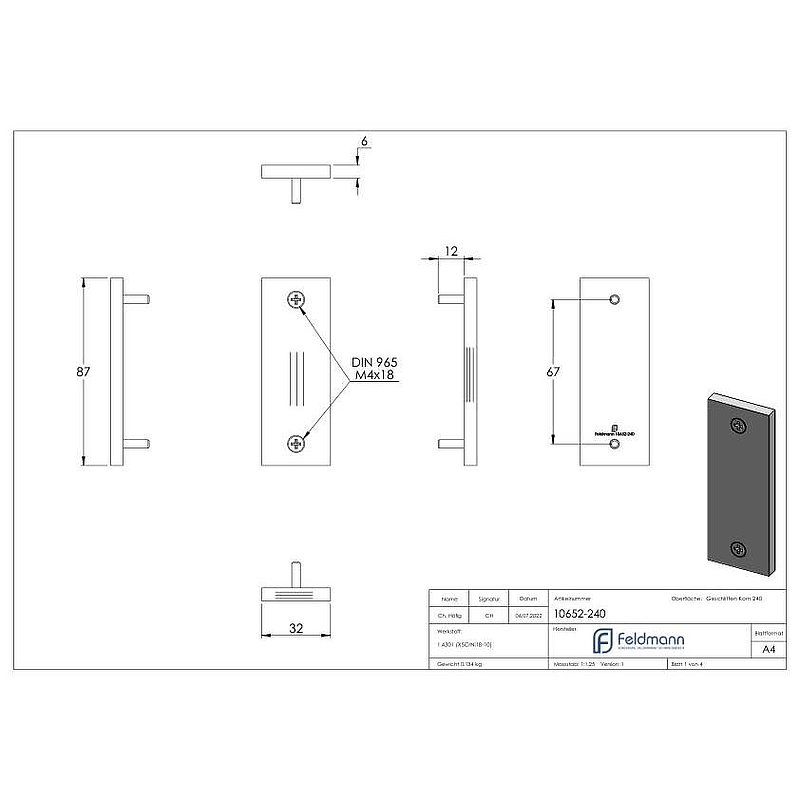 Kurzschild blind, Abmessung: 32x87x6mm, V2A