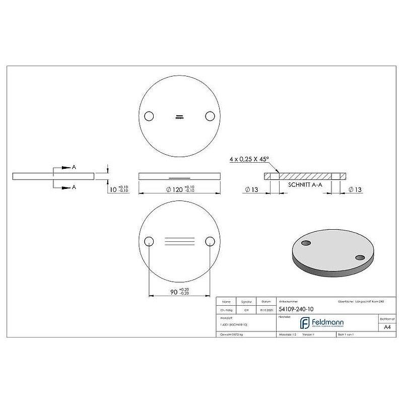 Plaque d'ancrage Ø 120x10mm, avec ponçage longitudinal, V2A