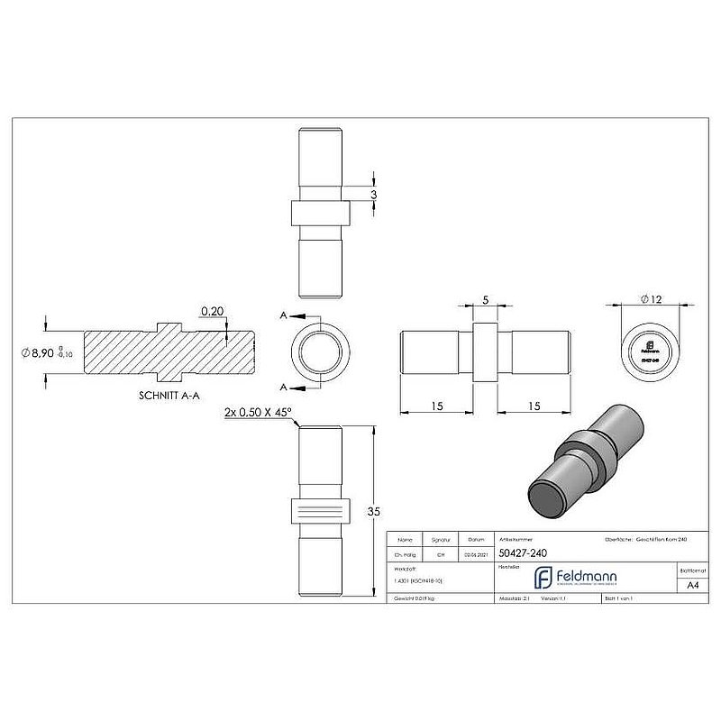 Tube connector for tube 12.0x1.5mm, AISI304