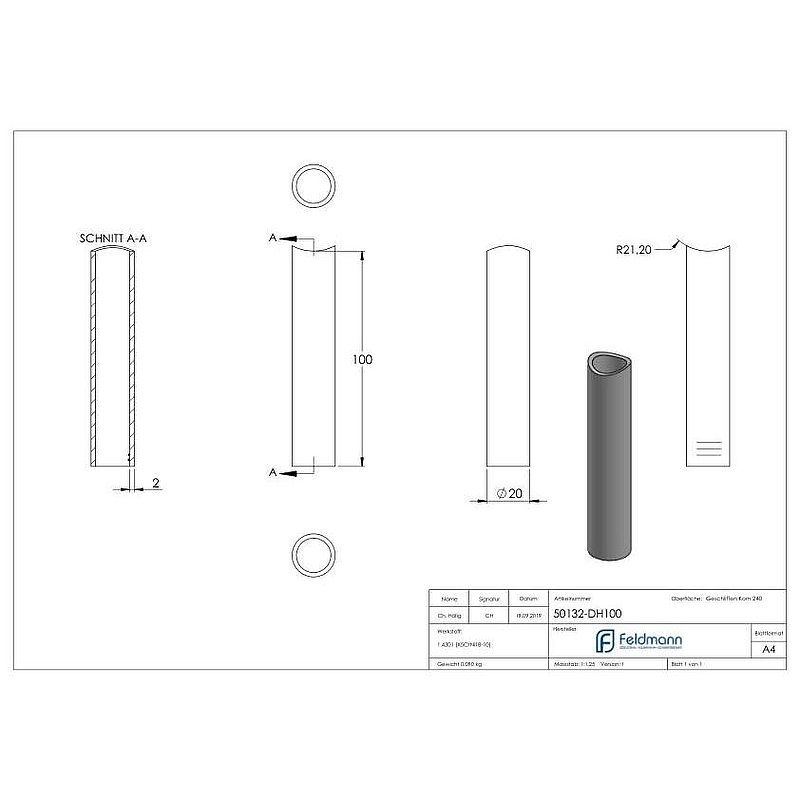 Distanzhülse, L: 100mm, für 42,4mm, V2A