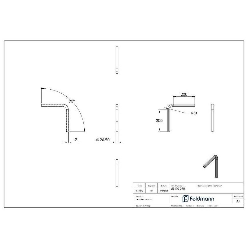 Tube bend 90°, made from 26.9x2.0 mm tube, AISI304