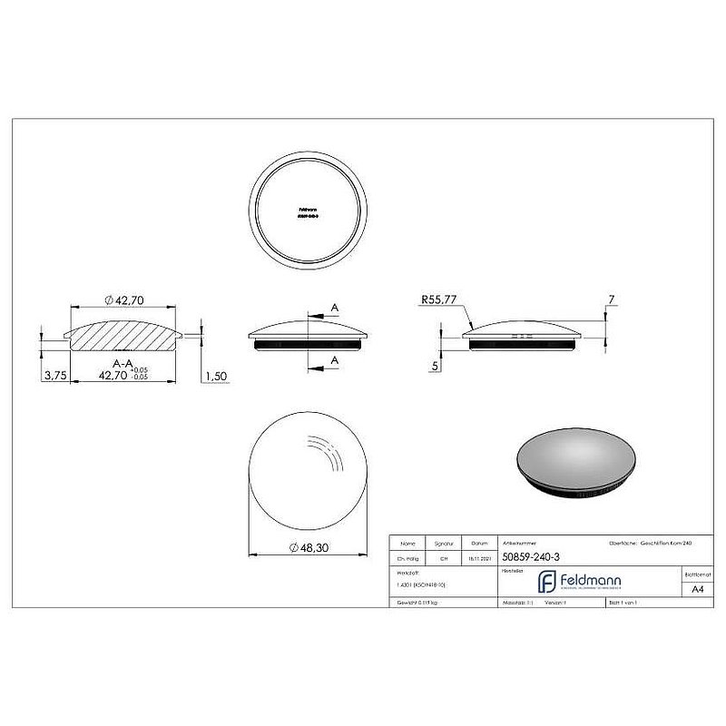 Rohrabschlussstopfen, für Rohr 48,3x3,0mm, V2A