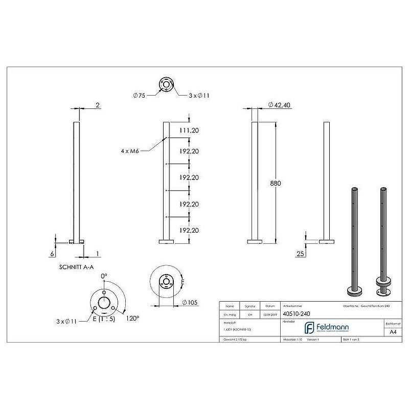 Edelstahlpfosten V2A zur Bodenmontage, H: 880mm