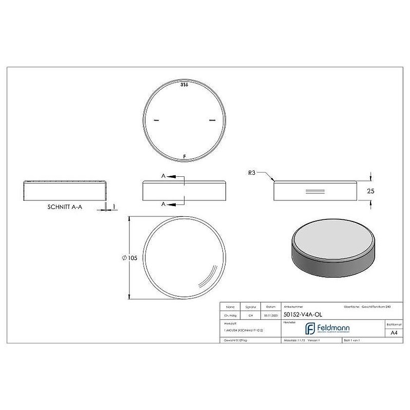 Cover rosette, 105x25mm, without hole, AISI316