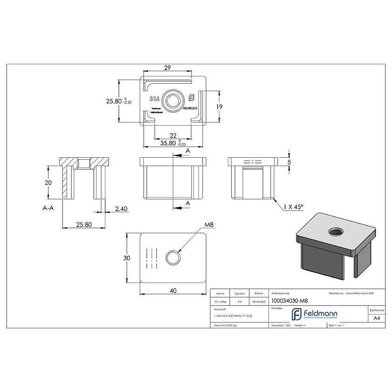 Einsteckkappe, für Rohr 40x30x2,0mm, V4A