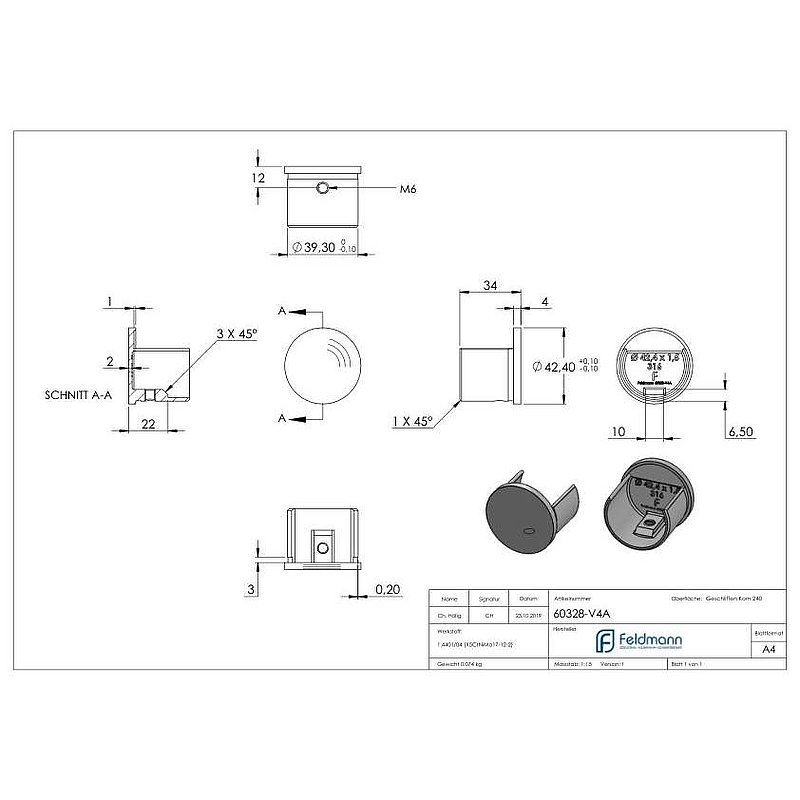 Embout, plat, pour tube à fond de gorge Ø 42,4mm, V4A