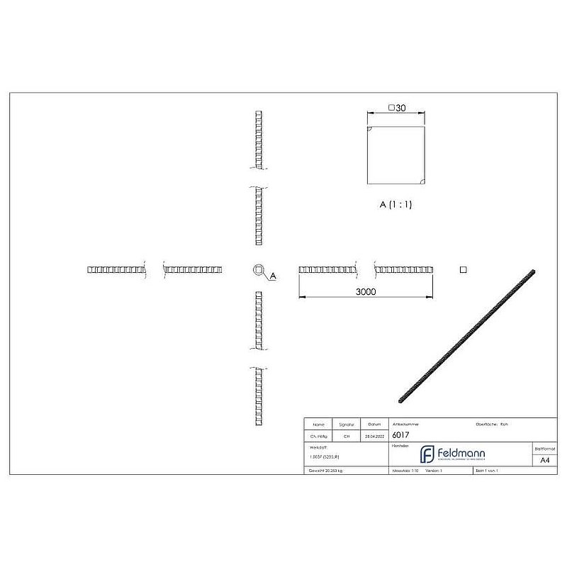 Vierkant S235JR, 30x30mm, L: 3000mm