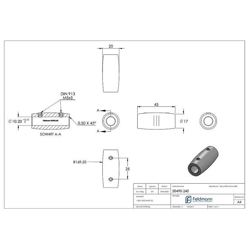 Stabverbinder für 10mm Rund, L: 45mm, Ø 20mm, V2A