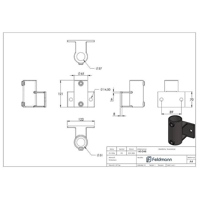 Wall bracket with 2 holes, for 48.3 mm tube