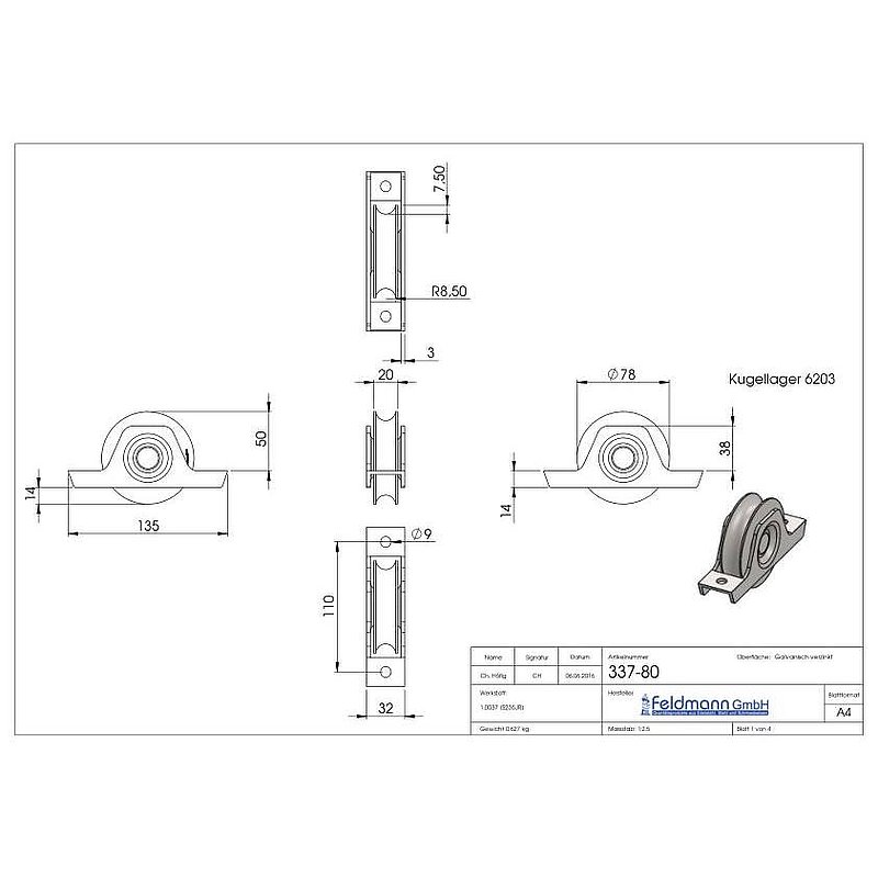 Schiebetorrolle 78mm mit Rundrille 15mm