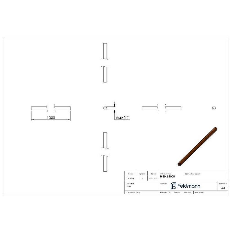 Holzhandlauf Eiche, Ø 42,4mm, L: 1000mm