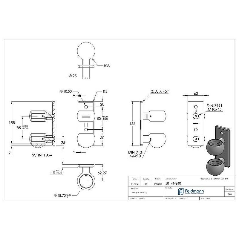 Wandbefestigung für Geländerpfosten 48,3mm, V2A