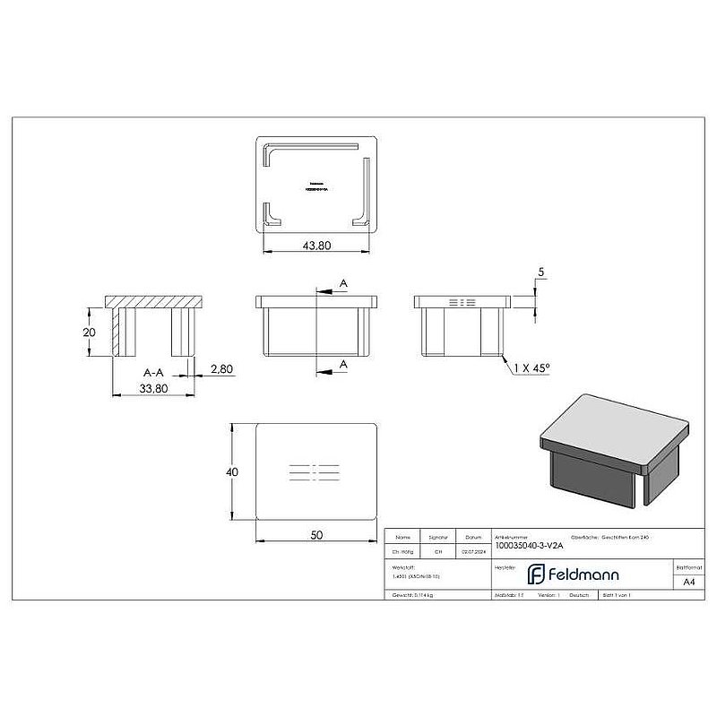 Einsteckkappe, für Rohr 50x40x3,0mm, V2A